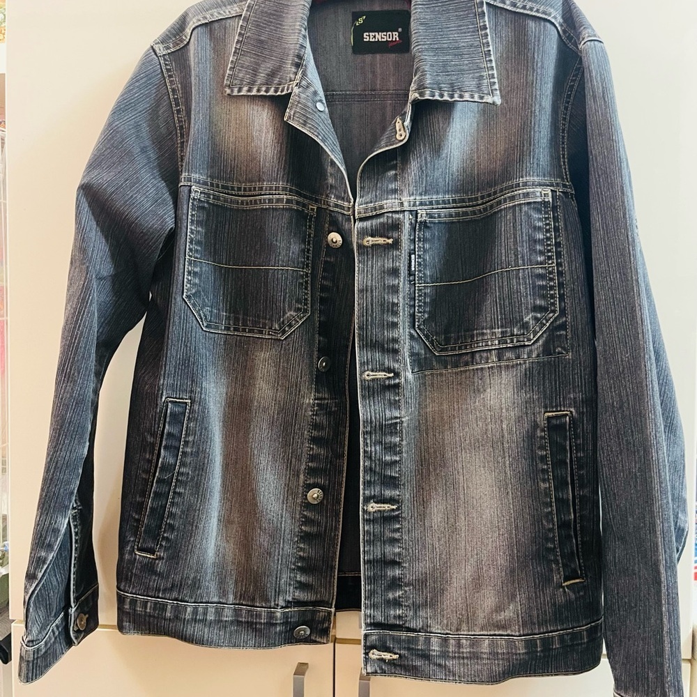 SENSOR Mens / Women’s black/ Gray washed Cotton denim jacket Sz S  Like M/ L